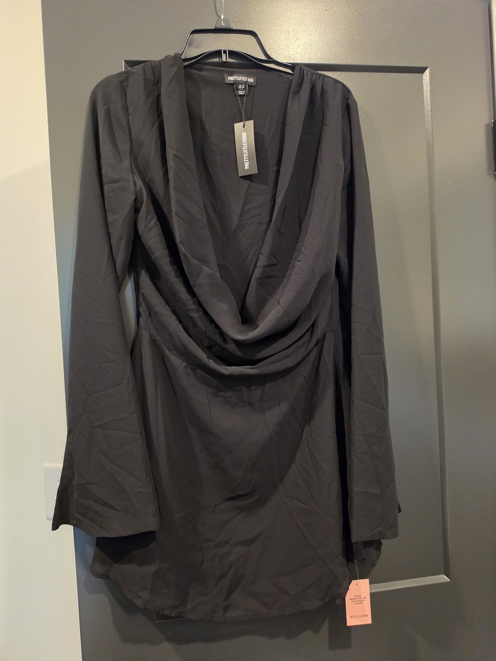 PrettyLittleThing Black Draped Cowl Long-Sleeve Dress